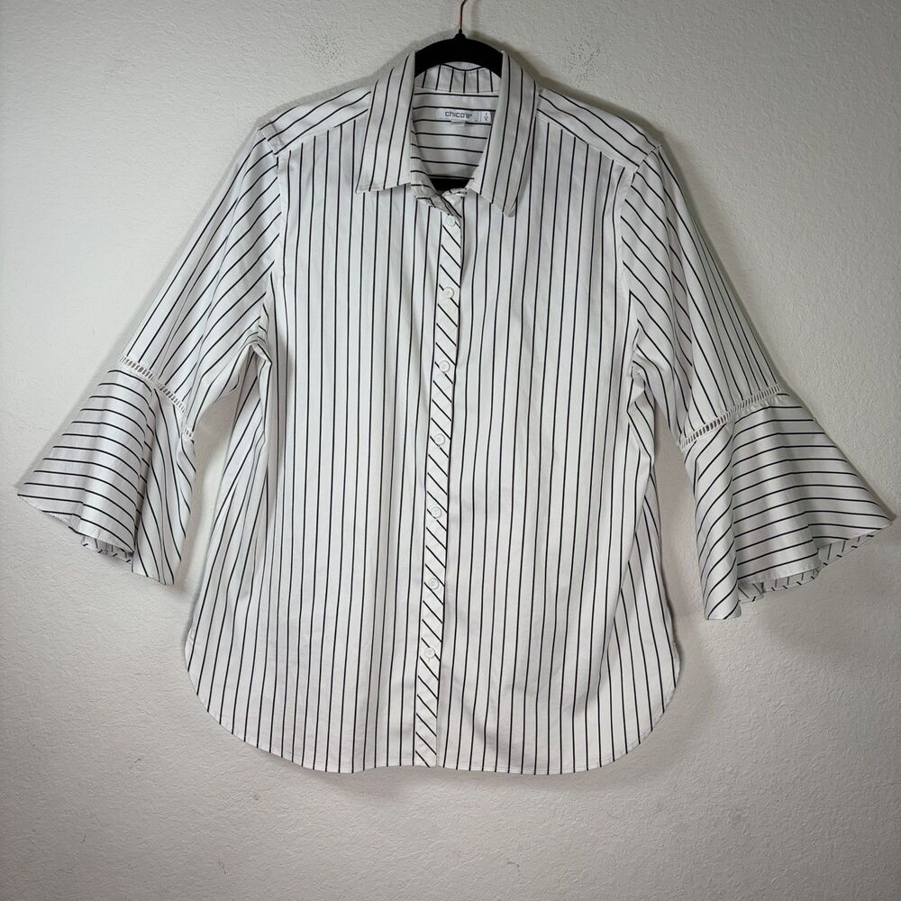 CHICO'S White Striped Button Down Blouse Bell Sleeve Size 2 US 12 Office Top